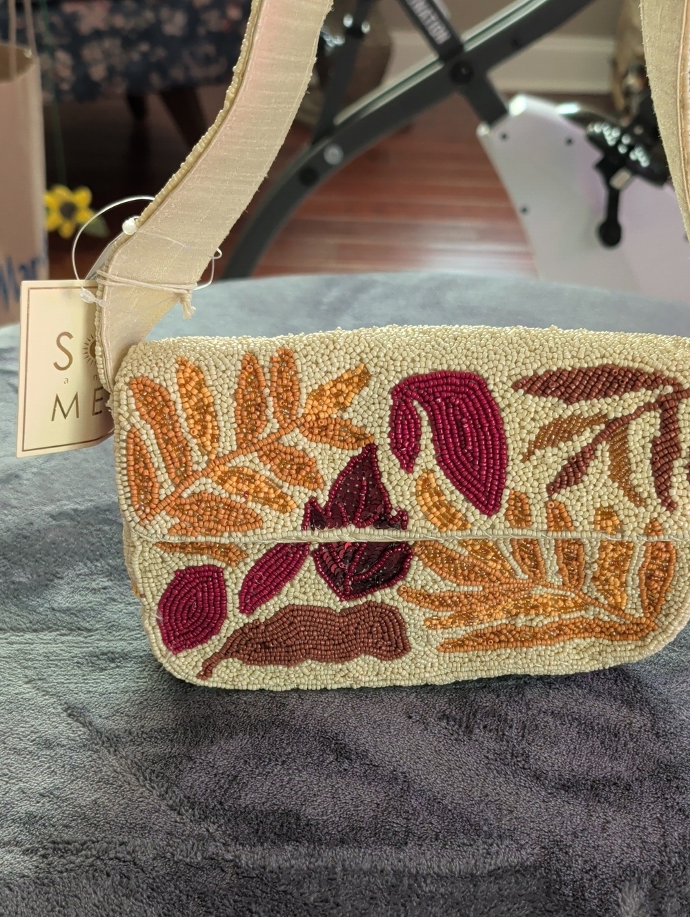 Beaded Floral Bag in Cream with Orange & Pink Accents